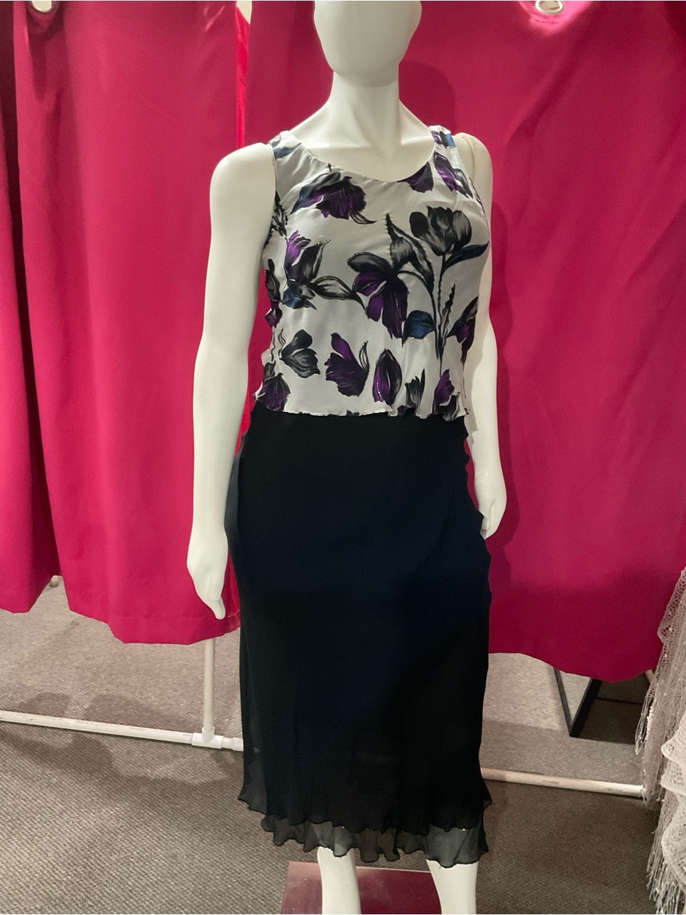 Mon Cheri Black and White Dress with Purple Floral Accents